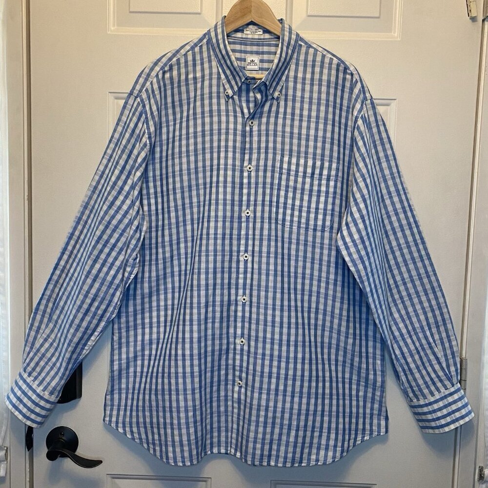 PETER MILLAR Cotton & Linen Blue Plaid Long Sleeve Casual Shirt XL EUC
